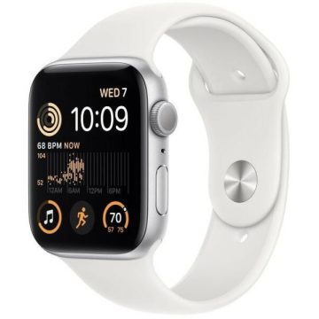   Apple Watch SE (2022) GPS - 44 mm-es ezüstszínű alumíniumtok, fehér sportszíj