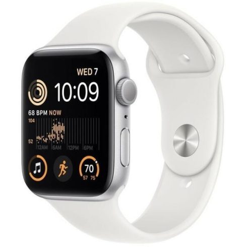 Apple Watch SE (2022) GPS - 44 mm-es ezüstszínű alumíniumtok, fehér sportszíj